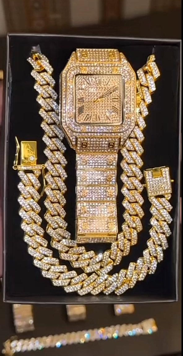 Cartier Iced Out Watch Set with 1 Chain, 1 bracelet – Luxury and Elegance Combined ✨💎